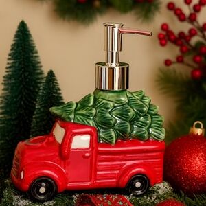 🎄 Red Vintage Truck Christmas Soap Dispenser – Ceramic Holiday Decor 🎄